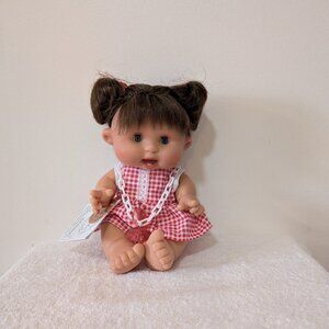 Nines d'Onil Doll Realistic 10" Brown Hair, Pony Tails Blue Eyes Red White Dress